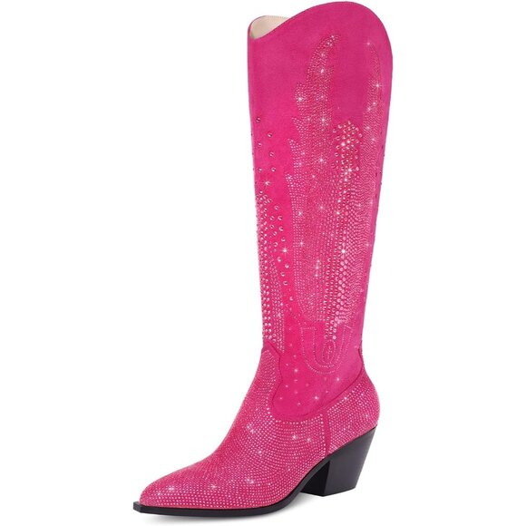 Women Polyurethane Pink Knee High Rhinestone Bling Pointed Toe Cowgirl Western - Picture 1 of 6